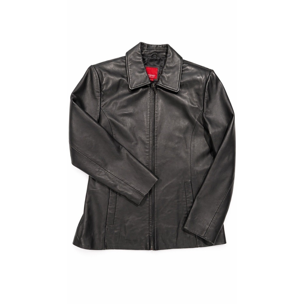 Esprit Black Leather Jacket‎ Womens M Zip Front Y2K Minimalist Fitted Coat